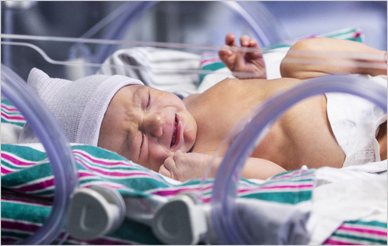 Crying infant in incubator in neonatal intensive care unit.